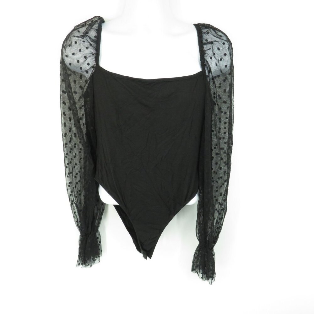 Wdirara Women's Black Sheer Polka Dot Sleeve Bodysuit XL Square Neck NWT